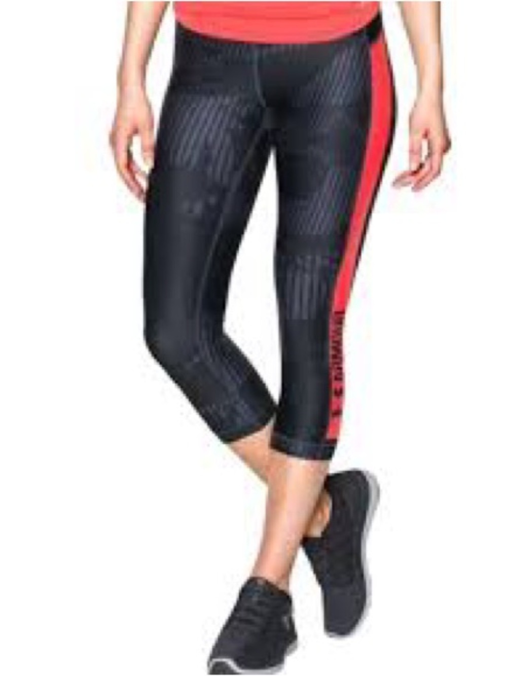 Under Armour Cropped Black Leggings, Coral Logo Stripe. Grey pattern, XL, EUC - Picture 8 of 8